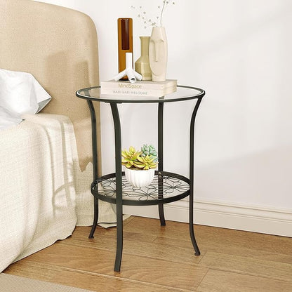 DDK 2-Tier Round Metal Side Table with Glass Top, Outdoor End Table for Patio or Balcony