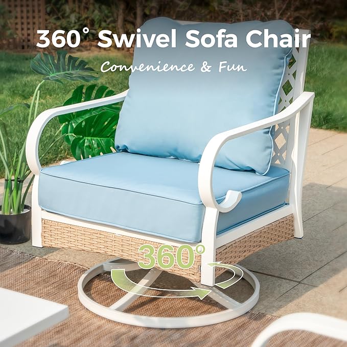 4 Piece Patio Furniture Set, 2 x Swivel Chair, 1 x 3-Seat Sofa with Marbling Coffee Table, All Cushioned 5 Seats Outdoor Conversation Set for Lawn Garden Backyard, Blue