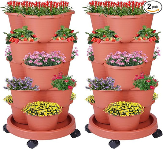 5-Tier Vertical Garden Tower Stackable Planter for Strawberries, Flowers, Vegetables & Herbs 2-Pack