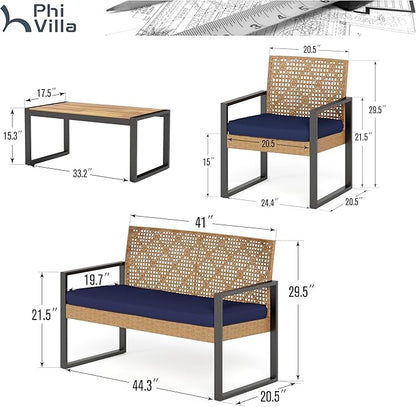 PHI VILLA Patio Wicker Furniture Set for 4, Yellow Rattan Loveseat & Chairs with Blue Cushions & Acacia Wood Coffee Table, Outdoor Modern Conversation Sofa Set for Deck, Yard, Porch