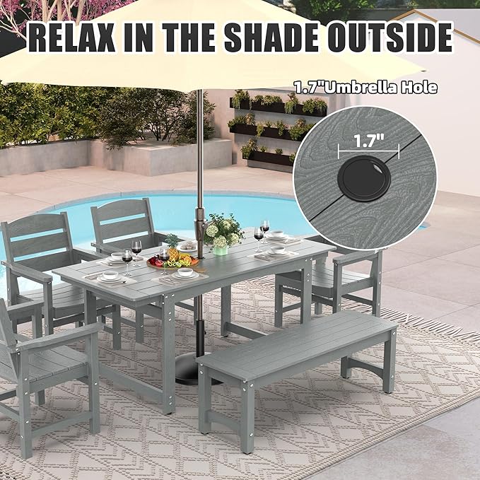 67" Outdoor Dining Table with Umbrella Hole, HIPS All-Weather Rectangular Patio Table for Outdoor/Indoor Use, Grey
