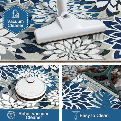 3x5 Washable Rug for Living Room Tropical Botanical Modern Floral Chenille Area Rugs Low Pile Non Slip Carpet for Patio, Bedroom, Laundry, Blue