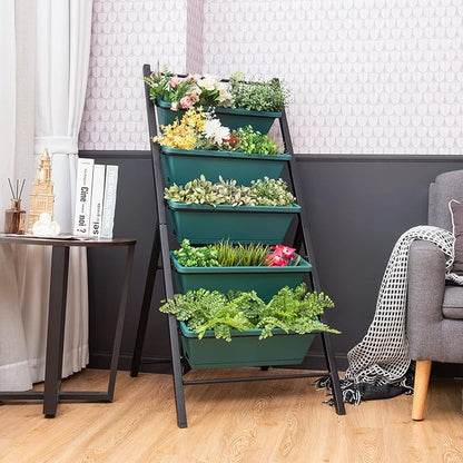 Giantex Set of 2 Vertical Planter Raised Bed, Elevated Garden Beds with Water Drainage Hole, Freestanding 5 Container Boxes for Herb Vegetables Flowers Growing, Outdoor Indoor Patio Balcony