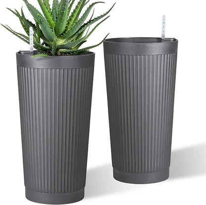 TUYOHW Self-Watering 24in Plastic Round Planter with Vertical Ribbed Design – Indoor Outdoor Flower Pot for Plants, Herbs, and Small Trees, Set of 2
