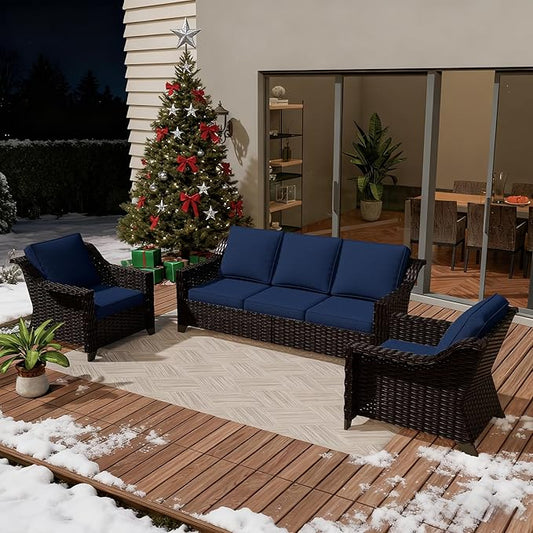 VistaVibe 3 Pieces Outdoor Patio Conversation Furniture Set - 78" 3-seat Sofa | 2 Wicker Chairs, Deep Seat Loveseat, Removable Cushions, Hand-Woven PE Rattan Couch, Balcony (Brown/Navy)