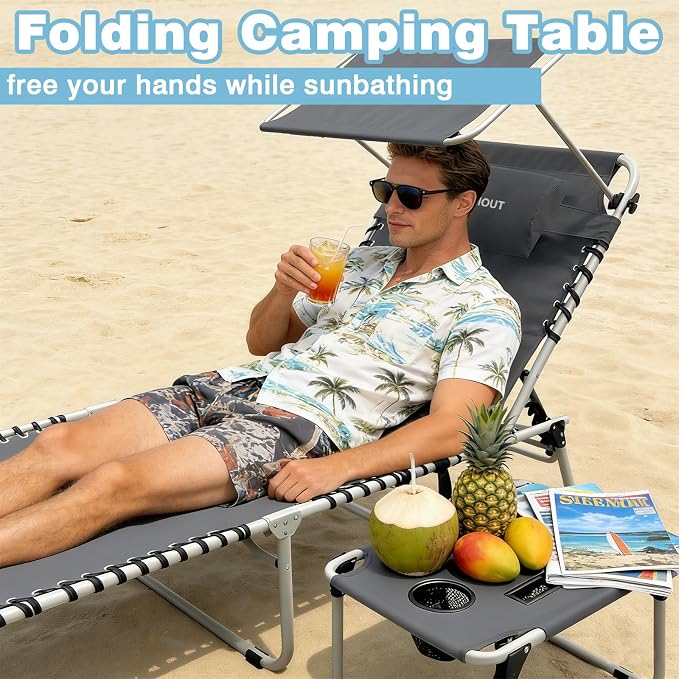 Outdoor Tanning Chair with Sun Canopy Shade & Face Hole, Folding Lounge Chair with Beach Table and Carry Bag for Poolside Sunbathing Lawn