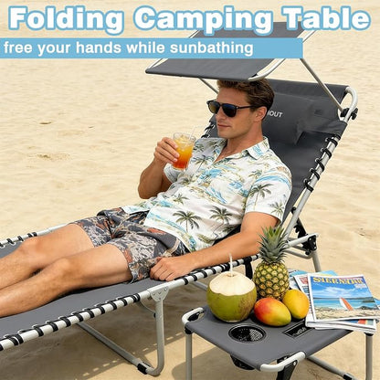 Outdoor Tanning Chair with Sun Canopy Shade & Face Hole, Folding Lounge Chair with Beach Table and Carry Bag for Poolside Sunbathing Lawn