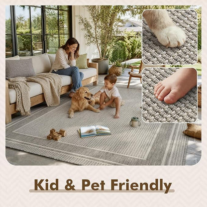MontVoo-Outdoor Rug-Patio Rug 8x10 ft Polypropylene Indoor Outdoor Rugs Outdoor Carpet for Patio Deck Balcony Porch, Textured Weave, Durable for High Traffic, Fade-Resistant, Modern Silver Grey