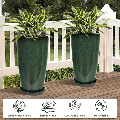 Neoaider Set of 2 Lightweight Ceramic-Look Tall Planter, 21 inch Large Plastic Planter with Drain Hole & Saucers, Large Outdoor Planters for Porch, Garden, Patio, Balcony(Dark Green)