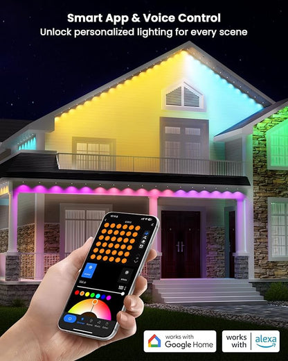 Gefolly Permanent Outdoor Lights Pro, 150ft with 90 RGBW Double-LED Lights 111 Scene Modes for Daily, Halloween, Christmas, IP67 Waterproof for Outdoor Decor, Works with Alexa, Google Assistant, White