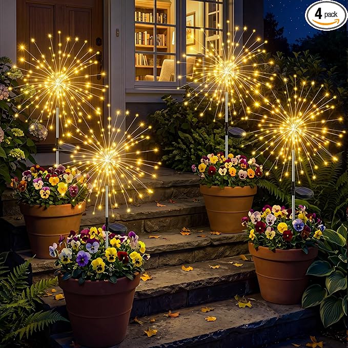 btfarm 4 Pack 120 LED Solar Garden Lights Outdoor, 8 Modes Firework Lights Solar Powered, Waterproof Twinkle Fairy Light Outside for Yard Patio Pathway Pool Christmas Party Decorative, Warm White