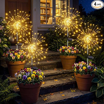 btfarm 4 Pack 120 LED Solar Garden Lights Outdoor, 8 Modes Firework Lights Solar Powered, Waterproof Twinkle Fairy Light Outside for Yard Patio Pathway Pool Christmas Party Decorative, Warm White