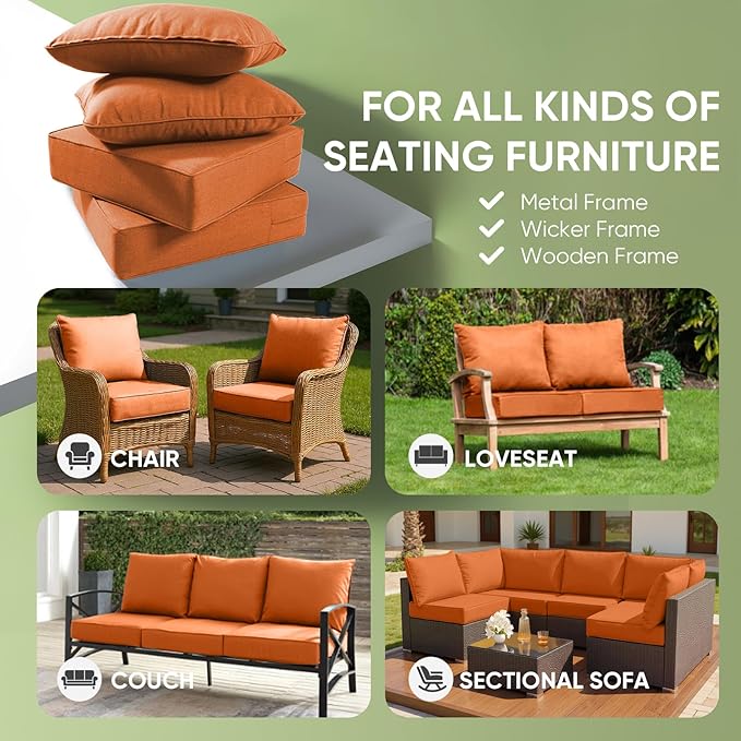 Outdoor Furniture Cushions, 6 inch Thick Seat Cushions for Outdoor Furniture, Waterproof 22x24 Patio Couch Cushions, Replacement Chair/Sofa Cushion, Include 3 Back & 3 Seat Cushion, Thick/Orange