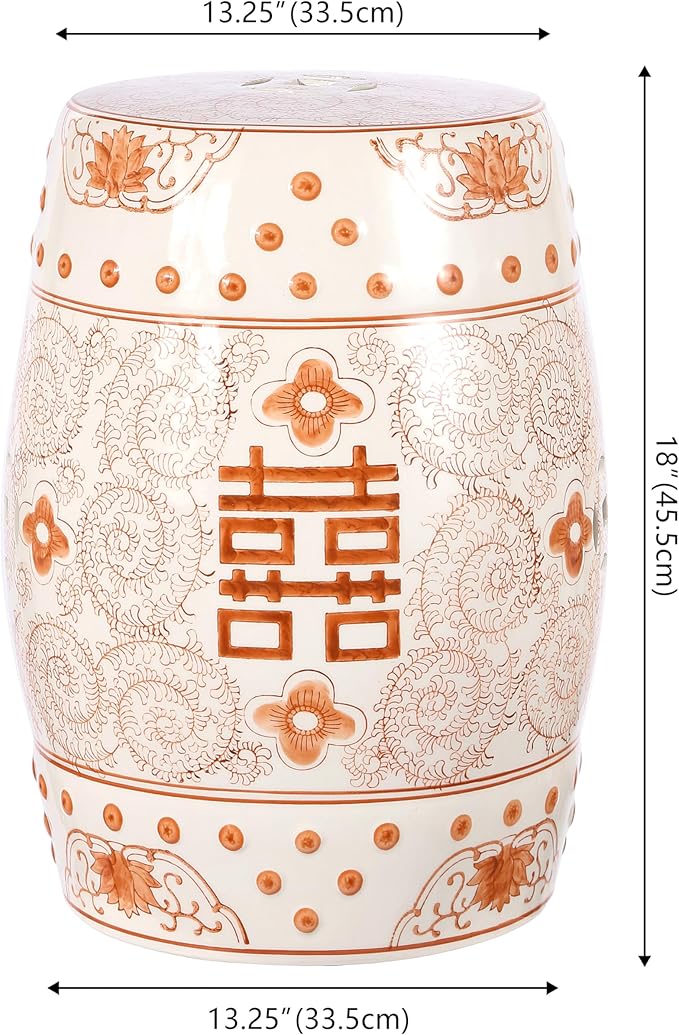 JONATHAN Y Double Happiness 18" Ceramic Garden Stool, Traditional Chinoiserie Orange and White Indoor/Outdoor Patio Drum Accent Side Table and Plant Stand TBL1013D