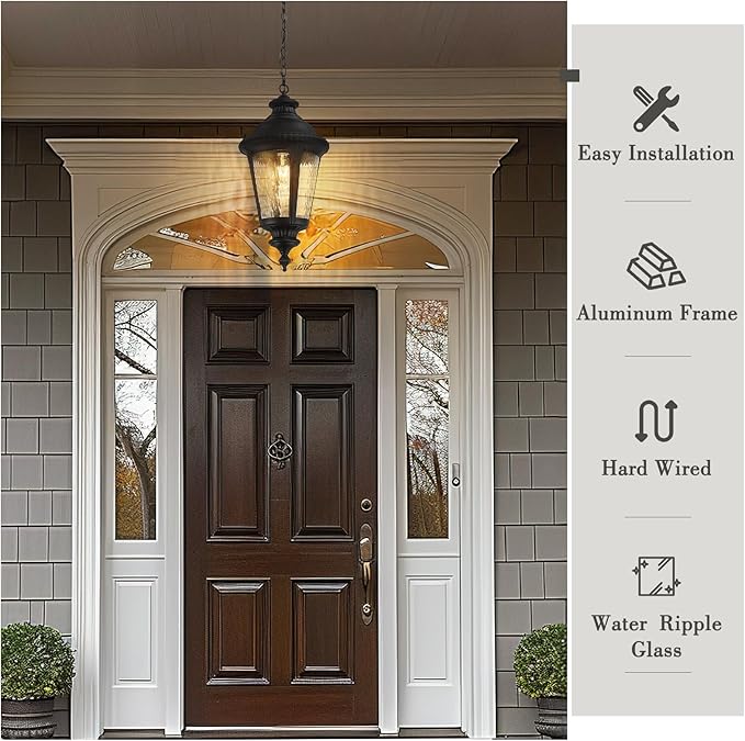 Emliviar Large Outdoor Pendant Lights for Porch, 25" Black Exterior Hanging Lantern with Water Ripple Glass, XE265H-SW BK
