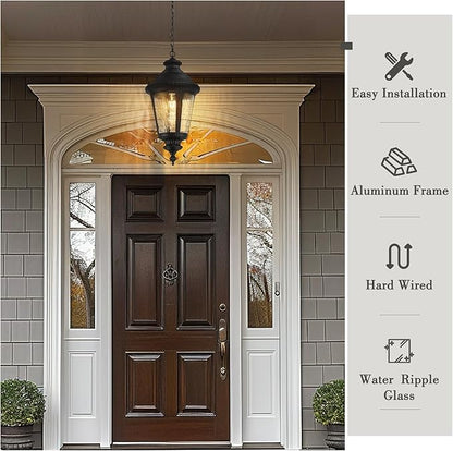 Emliviar Large Outdoor Pendant Lights for Porch, 25" Black Exterior Hanging Lantern with Water Ripple Glass, XE265H-SW BK