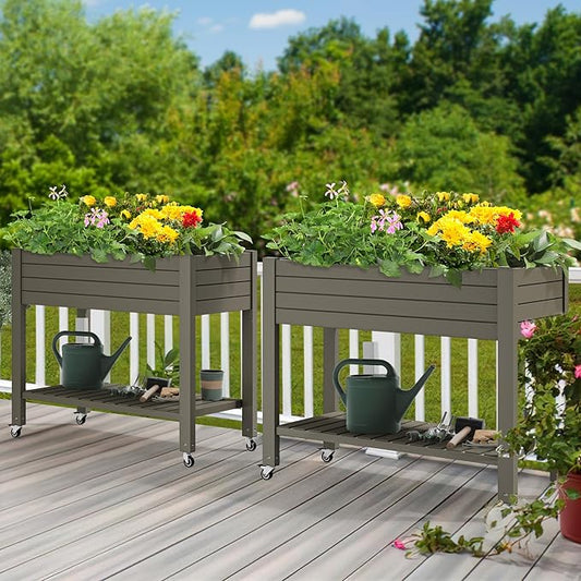 YITAHOME 43.3x17.7x34 in Elevated Garden Bed 2pcs, Outdoor Plastic Planter Box with Wheels, Legs, Drain Plug, and Storage Shelf for Plants, Vegetables, Flowers, Herbs, Light Brown