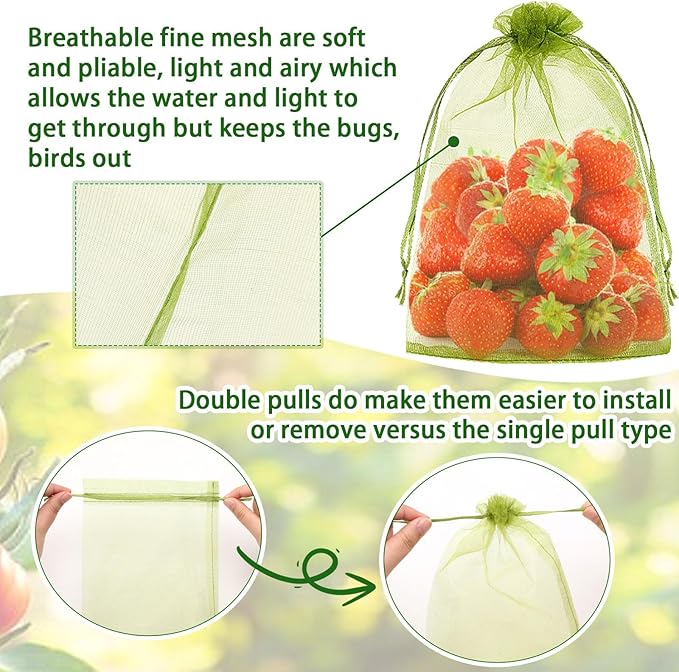 DECYOOL 120 PCS Fruit Protection Bags 4 X 6 inch, Green Fruit Bags for Fruit Trees Fruit Netting Cover Drawstring Mesh Bags Suit for Mangoes Tomatoes Fruit Trees Veggies Garden