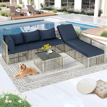 FHFO 7 Pieces Outdoor Patio Furniture Set, Wicker Outdoor Sectional Conversation Couch Set with Adjustable Backrest Sofa, Thick Cushion & Coffee Table for Garden, Porch, Poolside, Grey/Blue