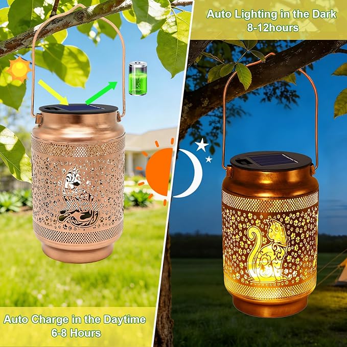 Cat Solar Lanterns Outdoor Waterproof Solar Garden Decor, Birthday Gifts for Mothers Day Women Mom Grandma, Metal Hanging Lights with Shepherd Hook for Outside Yard Patio Pathway Backyard Porch