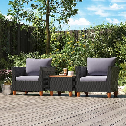 COSTWAY 3 Pieces Patio Rattan Furniture Set, Outdoor Wicker Conversation Chairs Set with Acacia Wood Coffee Table & Washable Cushion, Porch Furniture Bistro Set for Balcony, Garden, Backyard, Grey