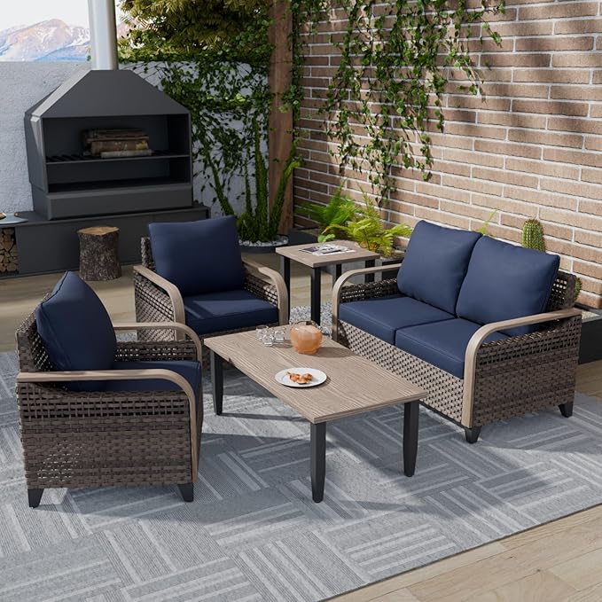 COOS BAY Modern Wicker Outdoor Furniture Set, Patio Conversation Set with Patio Chairs, 2 Seat Loveseat, Coffee Table and Side Table, 5 Piece, Brown/Blue