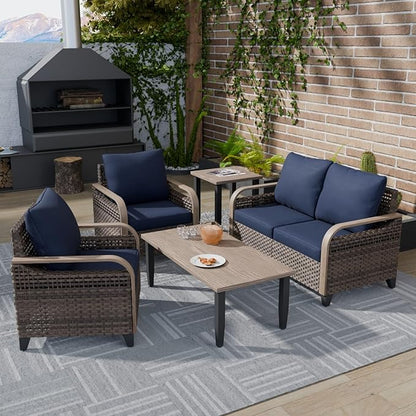 COOS BAY Modern Wicker Outdoor Furniture Set, Patio Conversation Set with Patio Chairs, 2 Seat Loveseat, Coffee Table and Side Table, 5 Piece, Brown/Blue