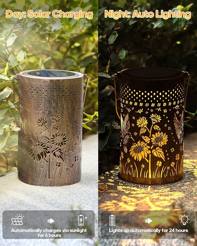 Solar Lanterns Outdoor Waterproof Christmas Gifts Hummingbird Sunflower Garden Decor, Best Gifts for Mom Women Grandmom, Hanging Metal Lantern Lights for Patio, Pathway, Yard, Landscape, Lawn
