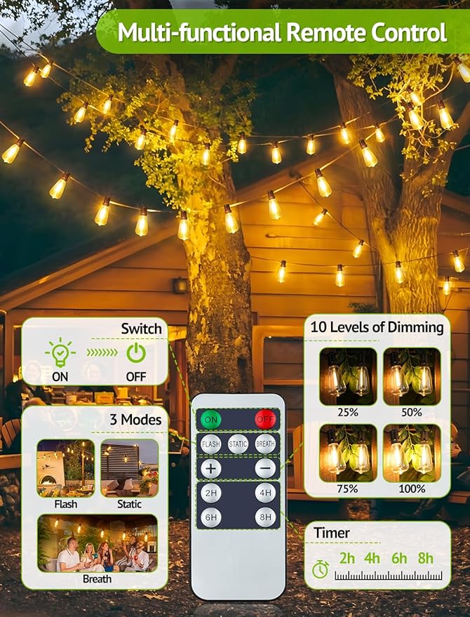 96FT(2x48FT) Solar Outdoor String Lights with Remote & Timer, Dimmable Patio Lights with 36+2 Shatterproof ST38 LED Bulbs for Outside-Black