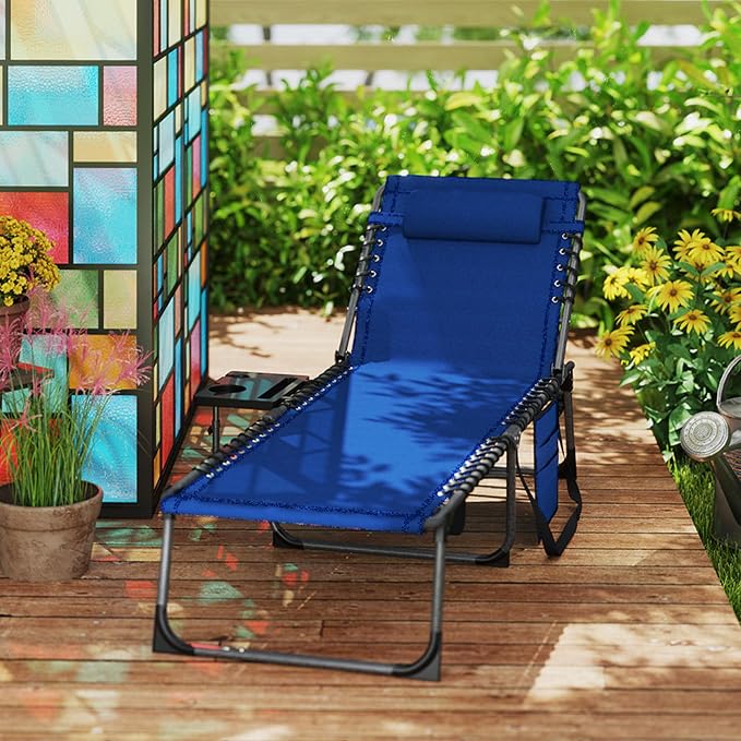 Outsunny Folding Chaise Lounge Chair Outdoor Tanning Chair with Side Table, 5-Level Adjustable Beach Lounge Chair with Headrest, Side Pocket for Patio, Backyard, Beach, Poolside, Dark Blue