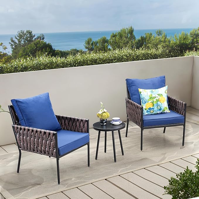 Patio Furniture Set, 3-Piece Wider Outdoor Metal Seating Sofa with High Back, Coffee Ta ble, All Weather Rattan Conversation for Garden,Backyard, Poolside-Navy