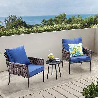 Patio Furniture Set, 3-Piece Wider Outdoor Metal Seating Sofa with High Back, Coffee Ta ble, All Weather Rattan Conversation for Garden,Backyard, Poolside-Navy