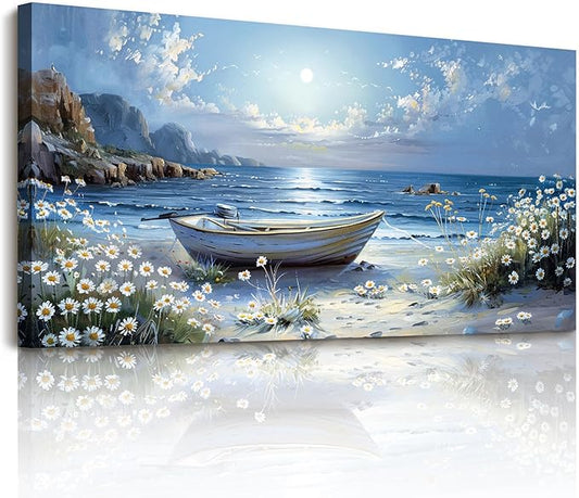 SERIMINO Beach Wall Art, Landscape Wall Art, Large Wall Decor, Coastal Boat Canvas Prints, Beachy Flowers Nature Paintings for Living Room Bedroom Dining Room Office Home Decorations 24"x48"