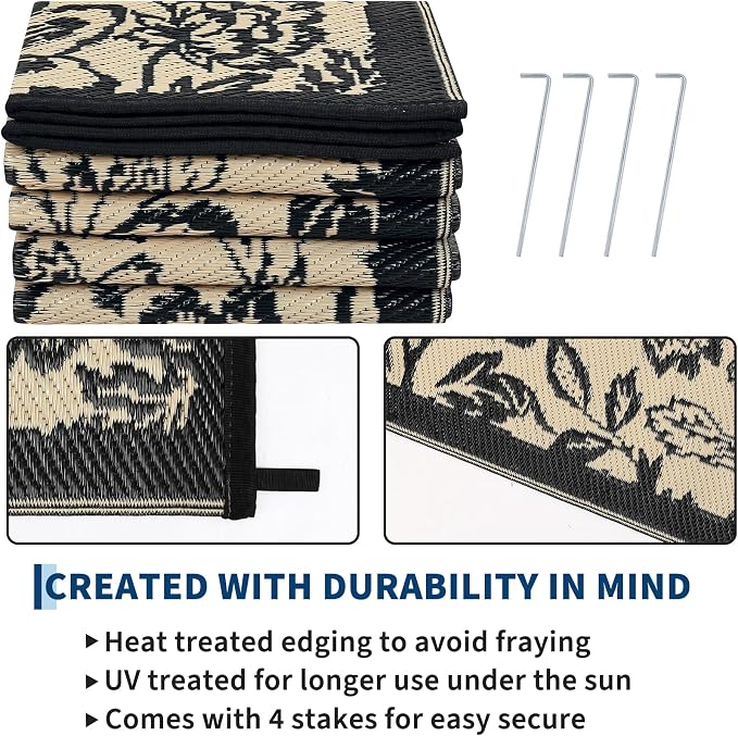 Garvee Outdoor Rugs 9’x12’ Waterproof Reversible Mats, Large Area Plastic Straw Rug, Outside Carpet, Butterfly Floral Rv Mat for Patio Camping Picnic Backyard Deck Balcony Porch Beach Trailer