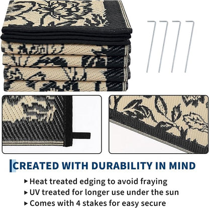 Garvee Outdoor Rugs 9’x12’ Waterproof Reversible Mats, Large Area Plastic Straw Rug, Outside Carpet, Butterfly Floral Rv Mat for Patio Camping Picnic Backyard Deck Balcony Porch Beach Trailer