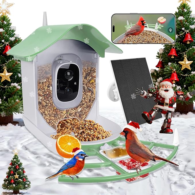 Smart Bird Feeder with Camera Solar Powered,AI Identify Species,2K HD Video Auto Capture Live for Outdoor Backyard,Ideal Gift for Family Bird Lovers (Green)