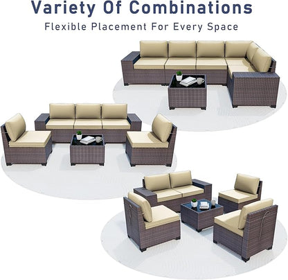 12PCS Outdoor Patio Furniture Set,PE Rattan Wicker Patio Conversation Set with Washable Cushions & Glass Coffee Table,Patio Sectional Furniture Set for Garden, Poolside, Backyard,Sand