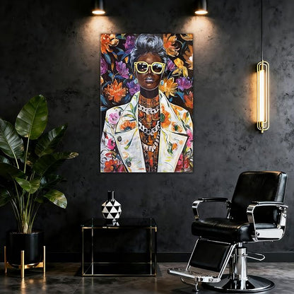YETHEN WAL Afrocentric Canvas Wall Art – Black Woman Portrait Floral Wall Decor, Chic Modern Art Prints for Living Room, Bedroom, Office Decor, 32×48 Inch