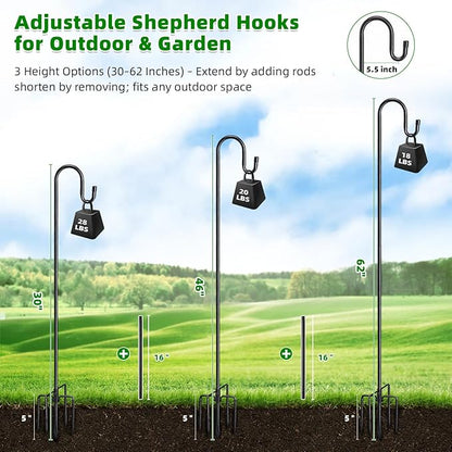 COCONUT 62" Shepherds Hooks for Outdoor, Bird Feeder Pole with 5 Prong Base, Adjustable Height Shepherds Hook for Hummingbird Feeder, Bird Feeder, Lightweight Plant, Wind Chimes, Lanterns (1 Pack)