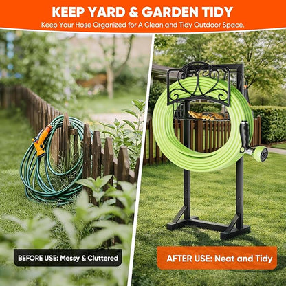 Stable Garden Hose Holder with Storage Basket and Tool Hooks, Heavy-Duty Garden Hose Storage Metal Hose Hanger Holds 160Ft, Rustproof Freestanding Water Hose Holder for Outside,Yard,Lawn,Farm