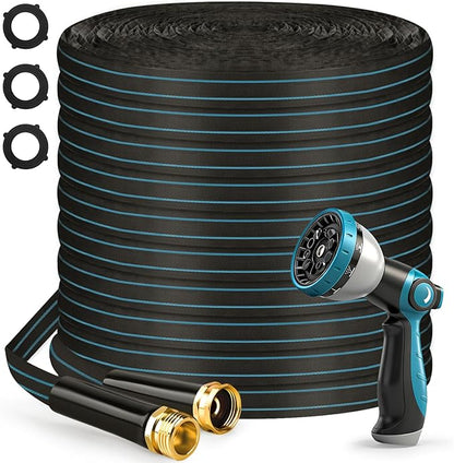 Halfjuly Garden Hose 100FT, Flat Non-Expandable Lightweight Water Hose, Durable Flexible Heavy Duty No Kink Design with 3/4" Fittings, 10 Way Spray Nozzle for Outdoor Yard Lawn