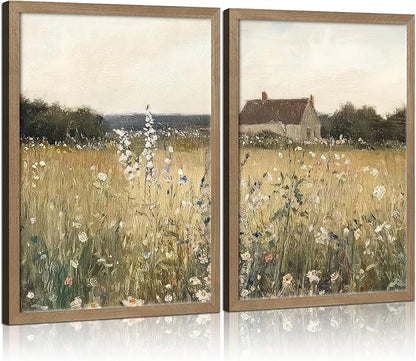 Two Framed Canvas Vintage Wildflower Wall Decor Country House and Wildflower Print Natural Botanical Landscape Wall Decor for Farmhouse Living Room or Bedroom 16x24 Inch