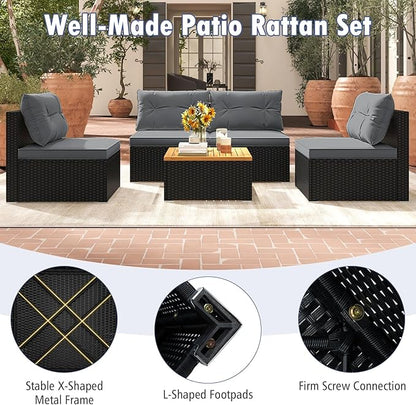 RELAX4LIFE 5-Piece Wicker Outdoor Furniture - PE Rattan Sectional Conversation Set w/4 Armless Sofas & Acacia Wood Coffee Table, Cushioned Patio Sofa Set for Garden Poolside Backyard Porch (Grey)