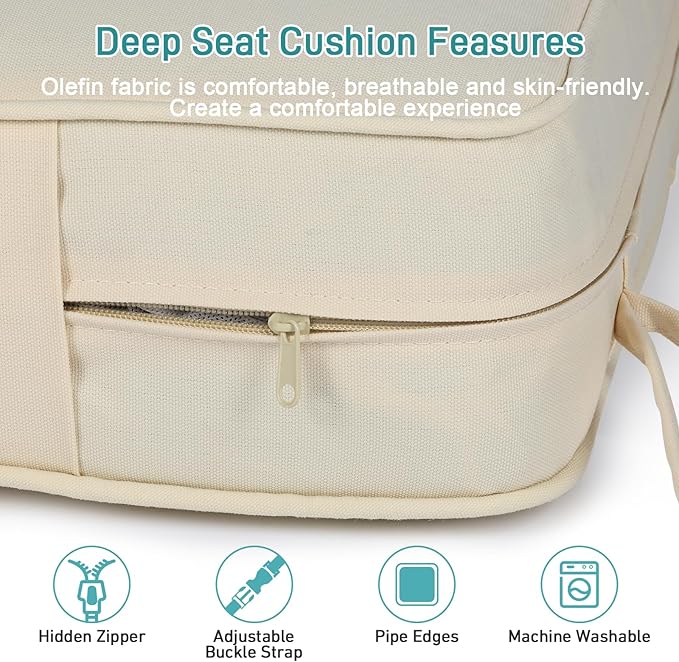 Aoodor Outdoor Chair Cushion, 23 x 26 Inch Water-Resistant, Fade-Resistant Olefin Fabric Patio Seat Cushions with Removable Cover and Adjustable Straps for Outdoor Furniture, Set of 2, Cream Yellow