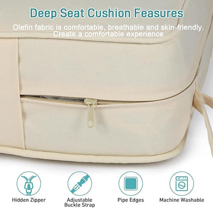Aoodor Outdoor Chair Cushion, 23 x 26 Inch Water-Resistant, Fade-Resistant Olefin Fabric Patio Seat Cushions with Removable Cover and Adjustable Straps for Outdoor Furniture, Set of 2, Cream Yellow