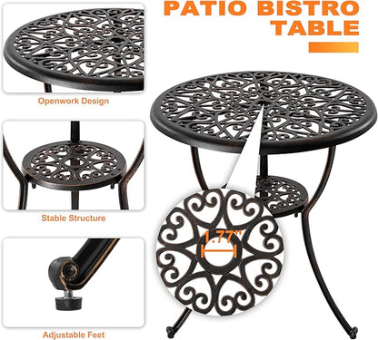 NUU GARDEN 3-Piece Outdoor Bistro Set with Cushions, Round 24 Inch Cast Aluminum Round Table with 1.77" Umbrella Hole and 2 Cast Aluminum Armchairs with Cushions, Black with Gold-Painted Edge
