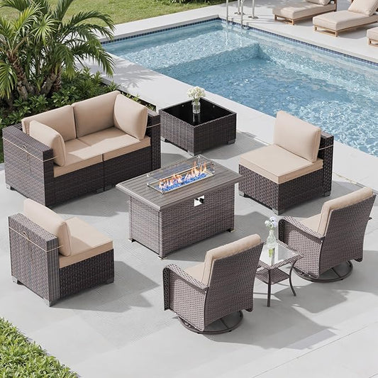 9 Pieces Outdoor Patio Furniture Set with 43" 55000BTU Gas Propane Fire Pit Table & Swivel Rocking Chairs, PE Wicker Rattan Outdoor Sectional Patio Set, Outdoor Patio Conversation Set, Khaki