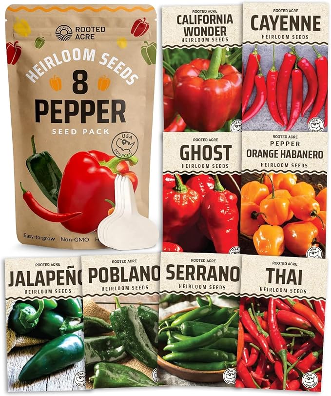 Rooted Acre 8 Varieties Hot Peppers – 240 Heirloom Seeds, High Germination – Includes Ghost Jalapeño, Serrano, California Wonder & More – Spicy Pepper Garden Mix