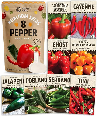 Rooted Acre 8 Varieties Hot Peppers – 240 Heirloom Seeds, High Germination – Includes Ghost Jalapeño, Serrano, California Wonder & More – Spicy Pepper Garden Mix