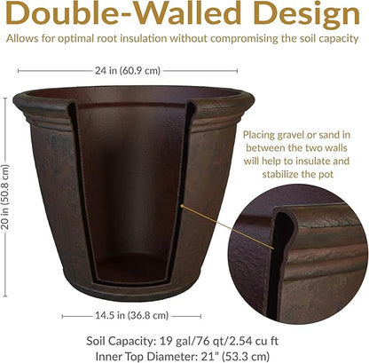 Sunnydaze 24-Inch Anjelica Large Plastic Pot for Plants - Double-Walled Outdoor Polyresin Round Planter Porch Pot with Drillable Drainage Holes - Rust